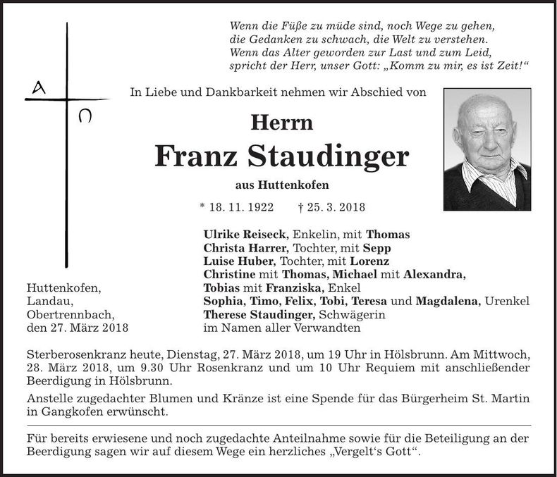 Traueranzeige Franz Staudinger