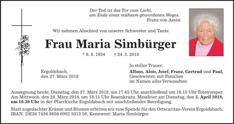 Traueranzeige Maria Simbürger