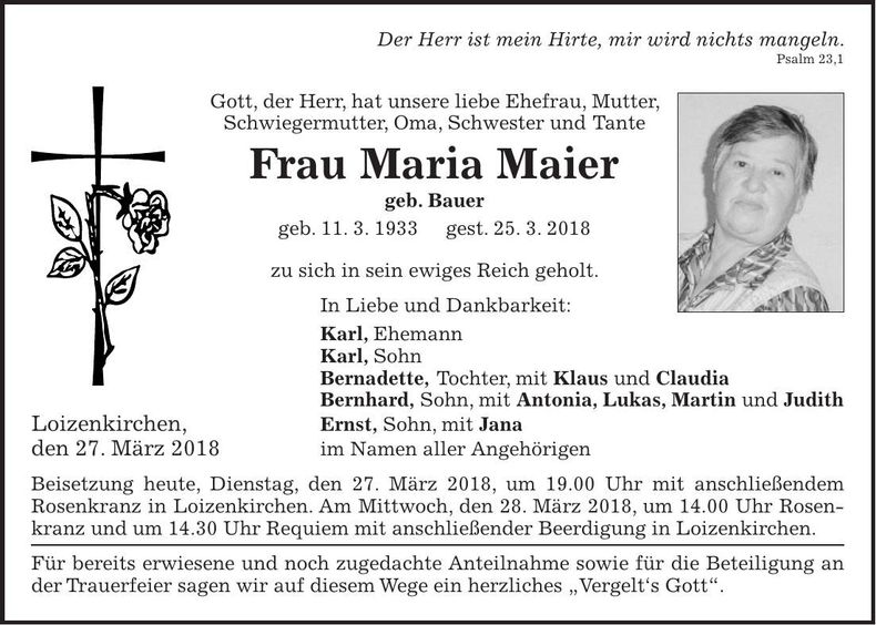 Traueranzeige Maria Maier