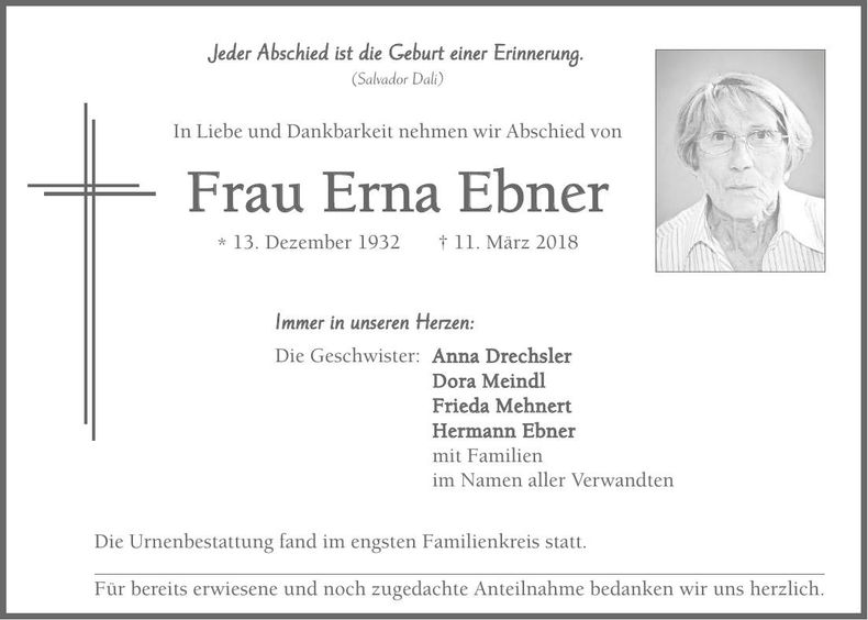 Traueranzeige Erna Ebner
