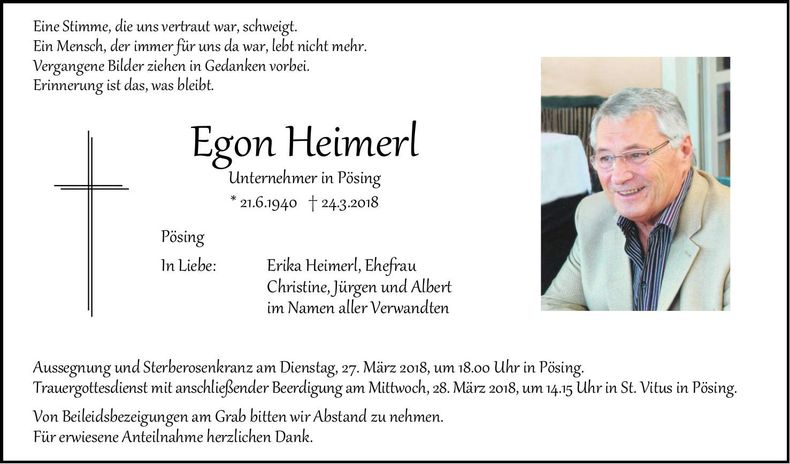Traueranzeige Egon Heimerl