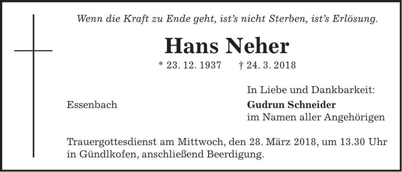 Traueranzeige Hans Neher
