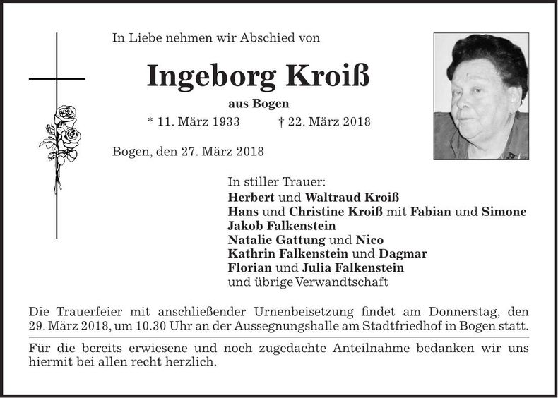Traueranzeige Ingeborg Kroiß