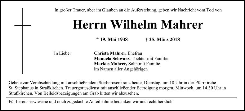 Traueranzeige Wilhelm Mahrer
