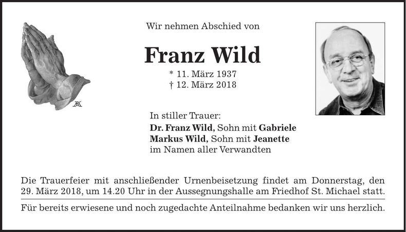 Traueranzeige Franz Wild