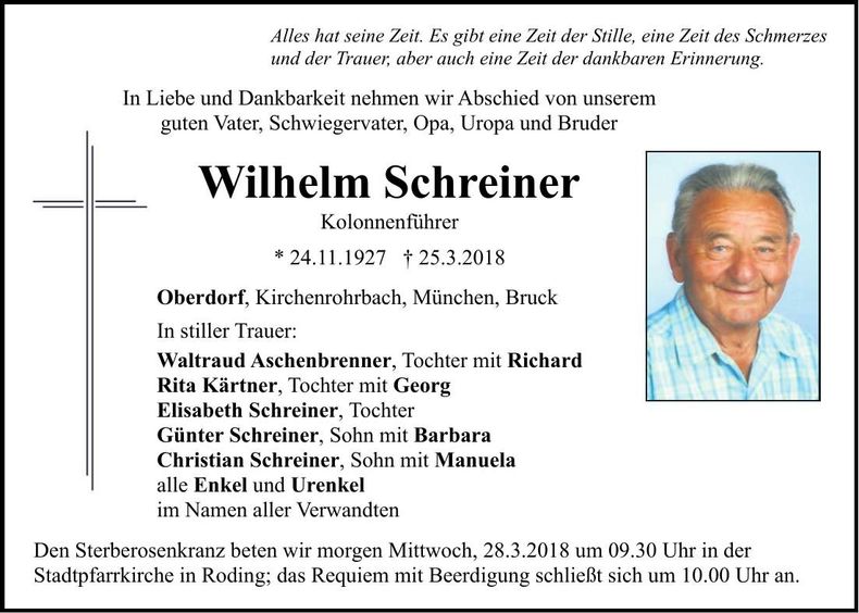 Traueranzeige Wilhelm Schreiner