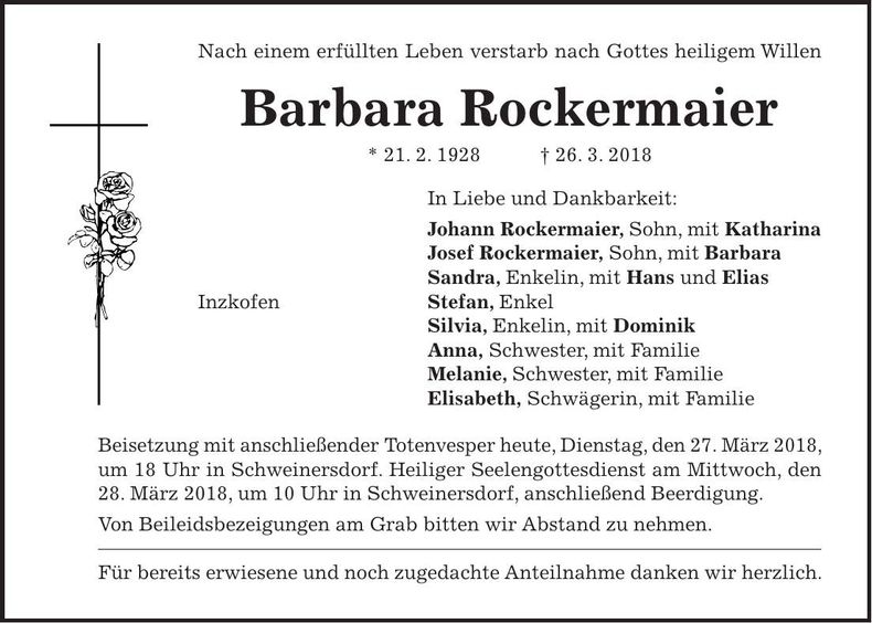 Traueranzeige Barbara Rockermaier