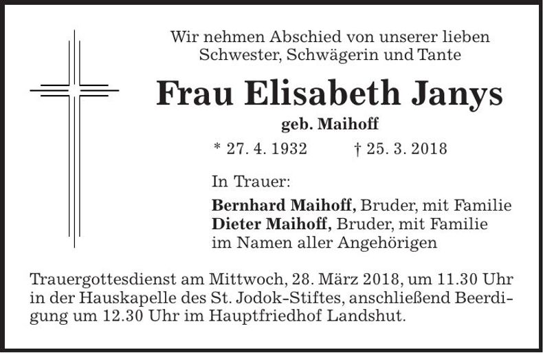 Traueranzeige Elisabeth Janys