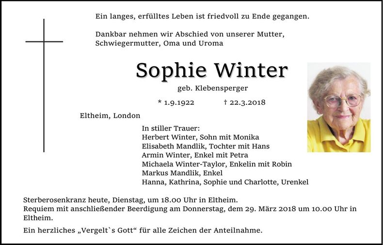 Traueranzeige Sophie Winter