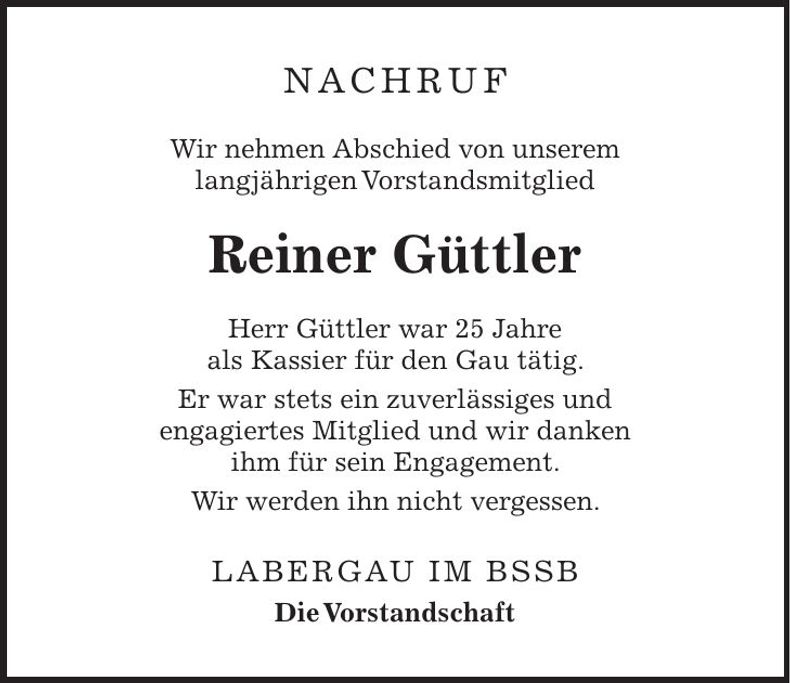 Traueranzeige Reiner Güttler