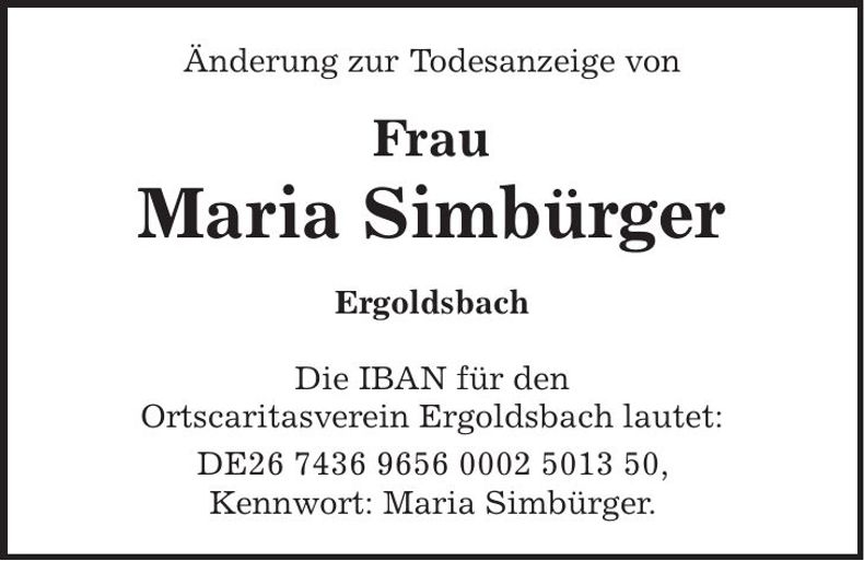 Traueranzeige Maria Simbürger