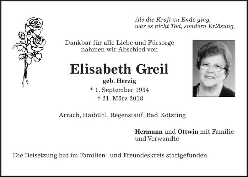 Traueranzeige Elisabeth Greil