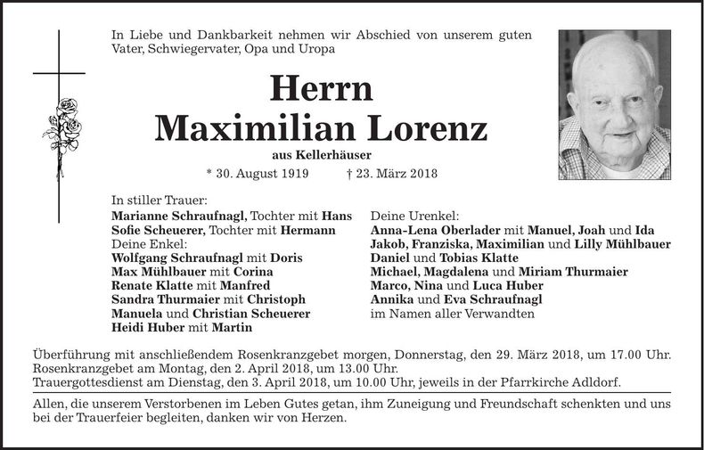 Traueranzeige Maximilian Lorenz