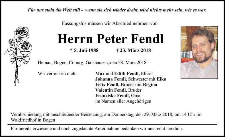 Traueranzeige Peter Fendl
