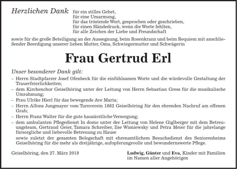 Traueranzeige Gertrud Erl