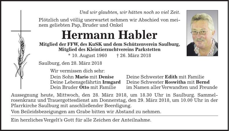 Traueranzeige Hermann Habler