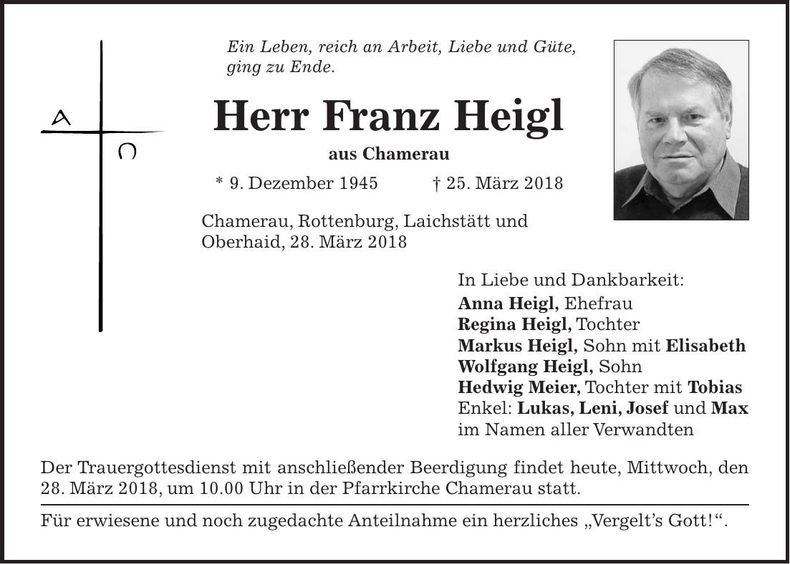 Traueranzeige Franz Heigl