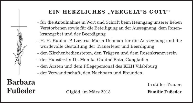 Traueranzeige Barbara Fußeder