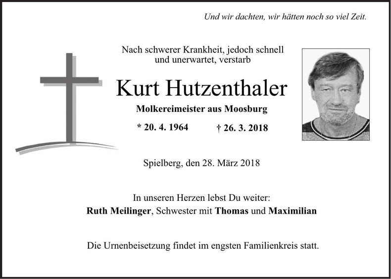 Traueranzeige Kurt Hutzenthaler