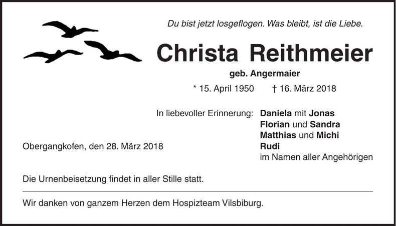 Traueranzeige Christa Reithmeier