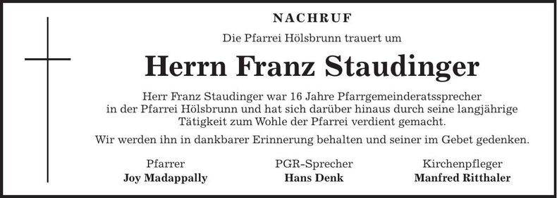 Traueranzeige Franz Staudinger