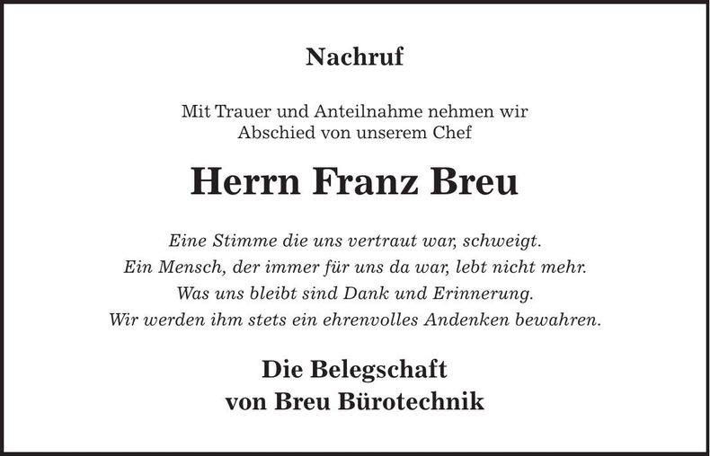 Traueranzeige Franz Breu