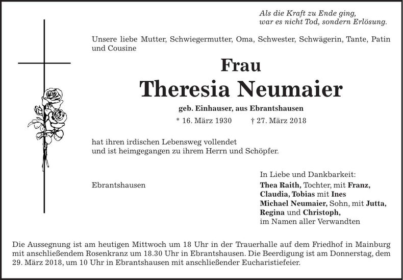 Traueranzeige Theresia Neumaier