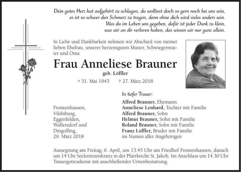 Traueranzeige Anneliese Brauner
