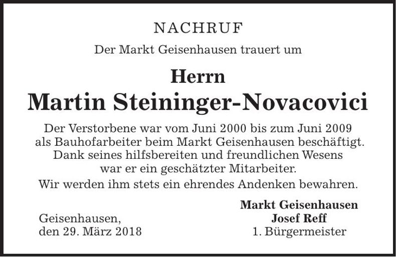 Traueranzeige Martin Steininger-Novacovici