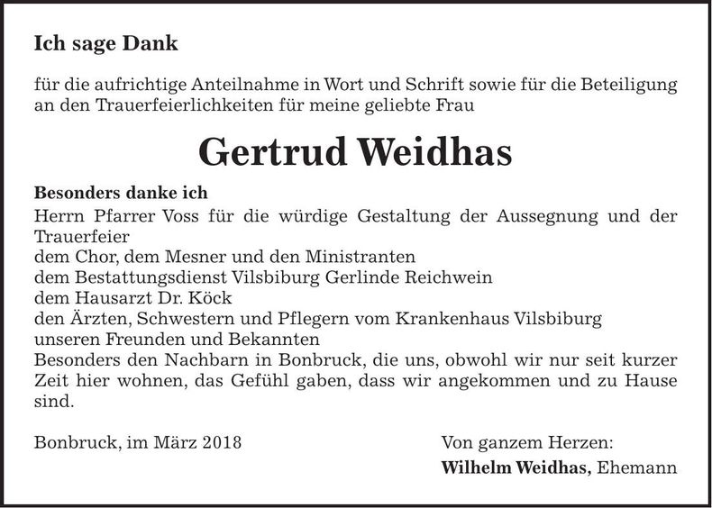 Traueranzeige Gertrud Weidhas