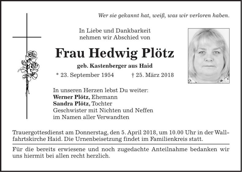 Traueranzeige Hedwig Plötz