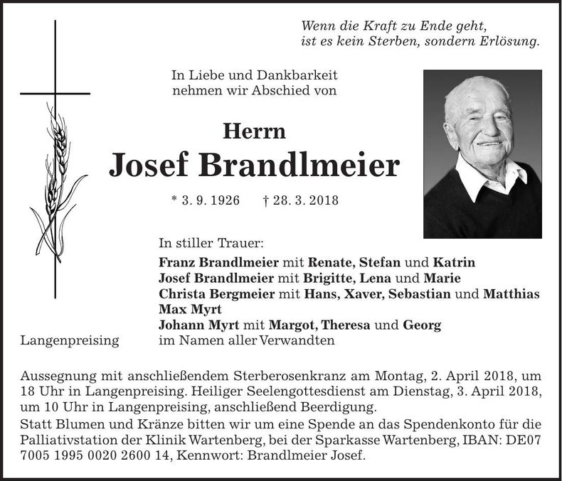 Traueranzeige Josef Brandlmeier