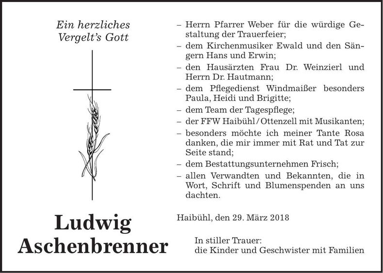 Traueranzeige Ludwig Aschenbrenner