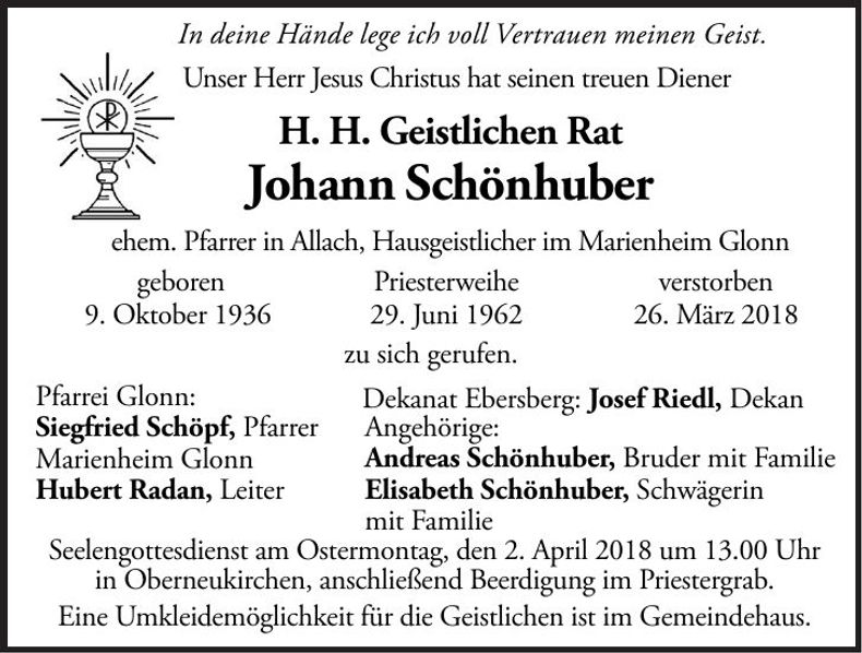 Traueranzeige Johann Schönhuber