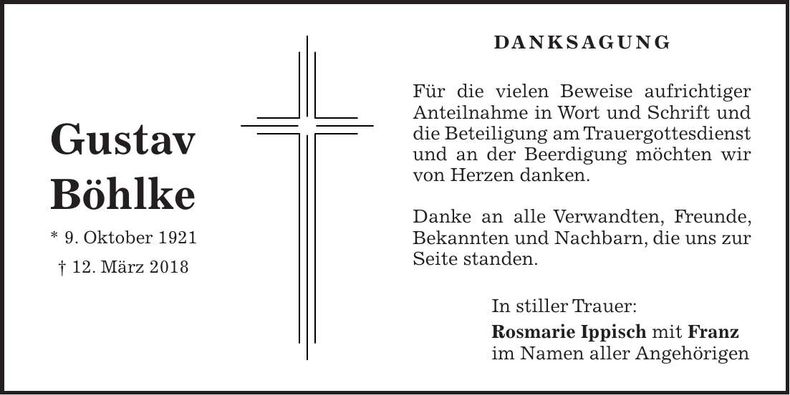 Traueranzeige Gustav Böhlke