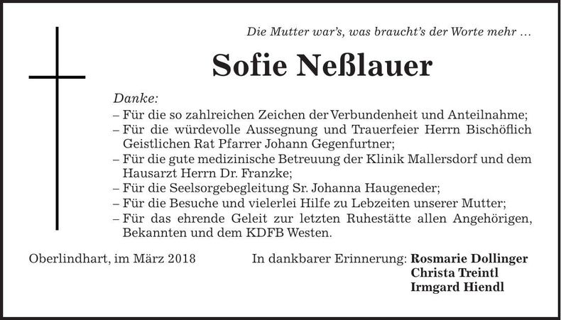 Traueranzeige Sofie Neßlauer