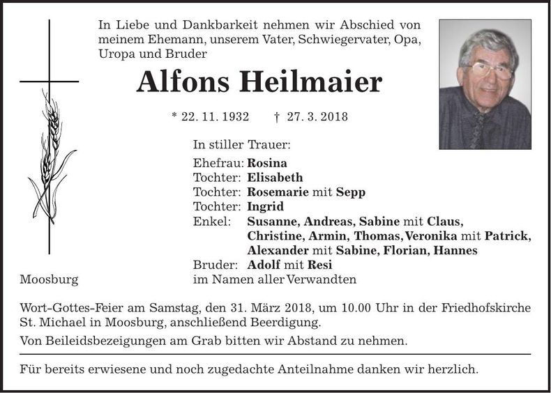 Traueranzeige Alfons Heilmaier