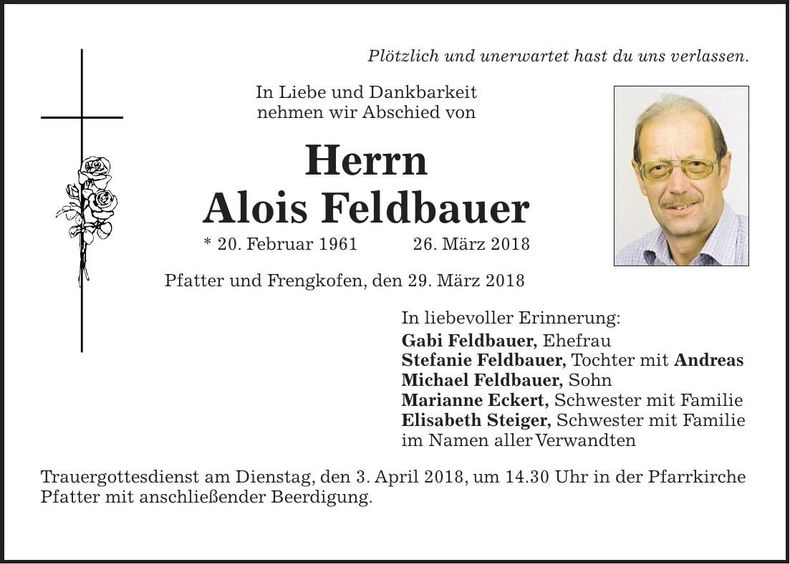 Traueranzeige Alois Feldbauer
