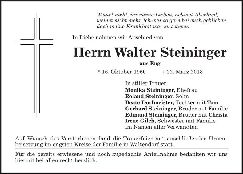 Traueranzeige Walter Steininger