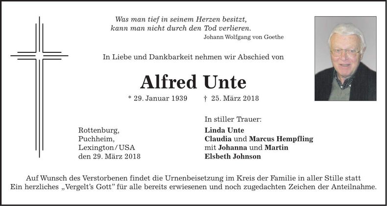 Traueranzeige Alfed Unte