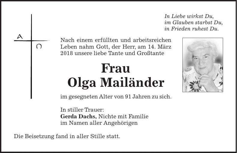 Traueranzeige Olga Mailänder