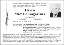 Traueranzeige Max Baumgartner