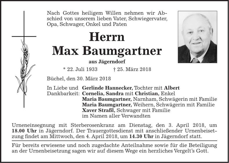 Traueranzeige Max Baumgartner