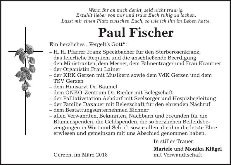 Traueranzeige Paul Fischer