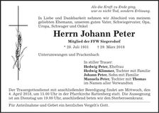 Traueranzeige Johann Peter