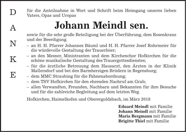 Traueranzeige Johann sen. Meindl