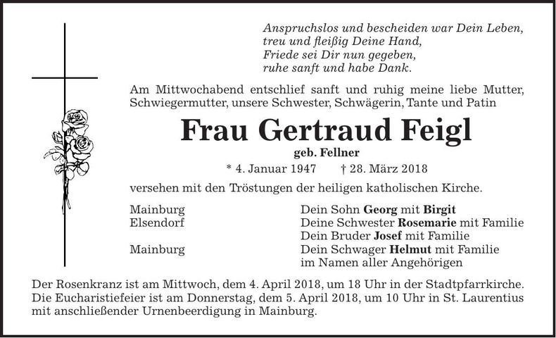 Traueranzeige Gertraud Feigl