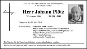Traueranzeige Johann Plötz