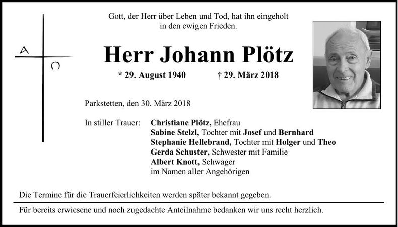 Traueranzeige Johann Plötz
