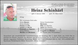 Traueranzeige Heinz Schinhärl